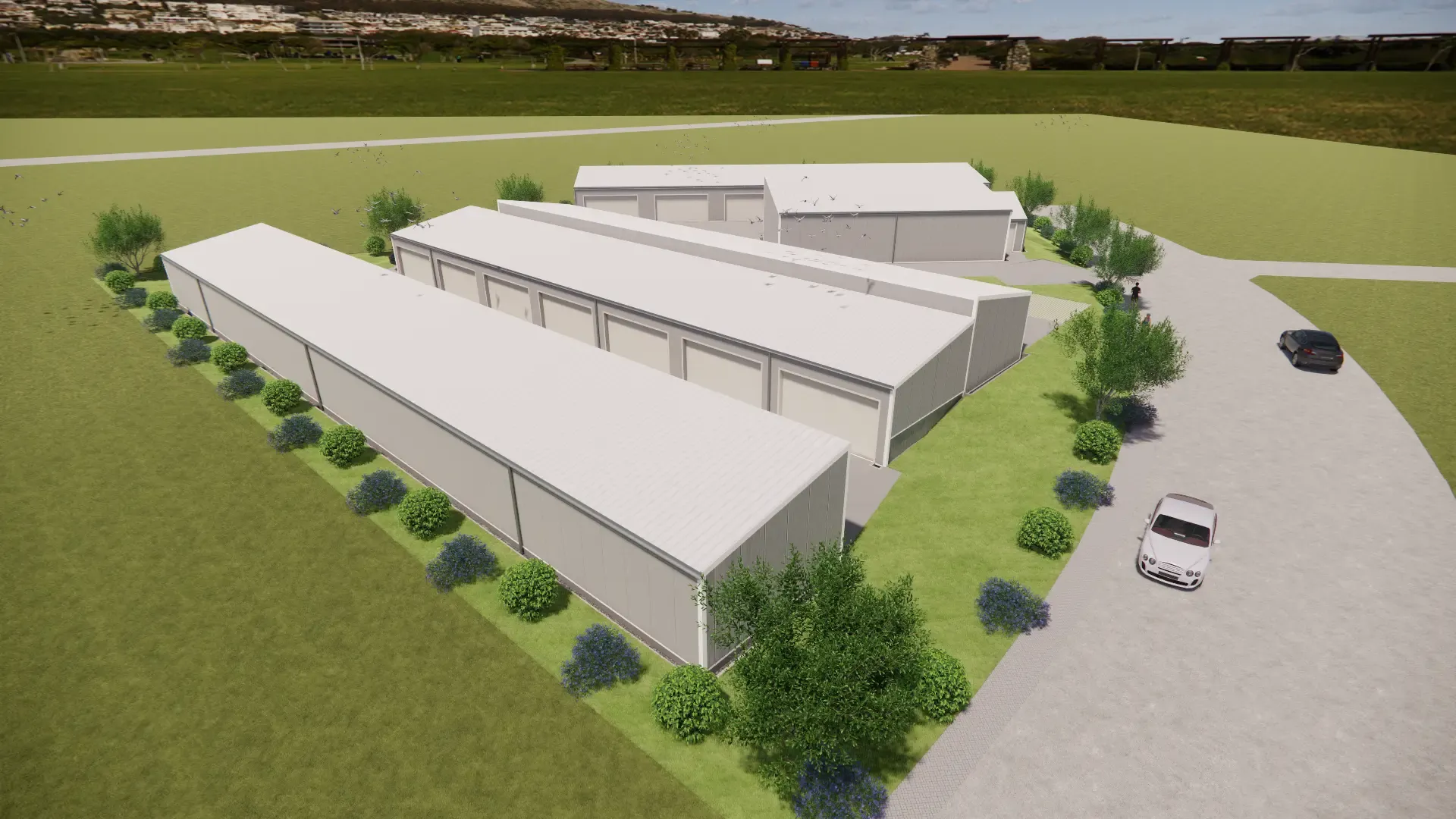 Luftbild des Novapark Freigericht mit mehreren parallelen Garagenriegeln